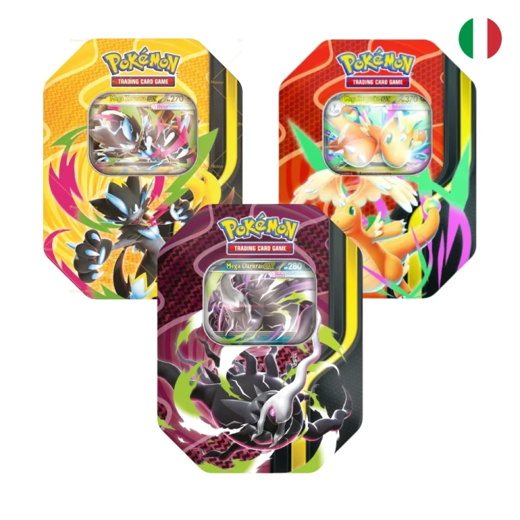 Pokémon 30° Anniversario Tin Mega Zeraora Ex, Mega Dragonite Ex e Mega Darkrai Ex ITA